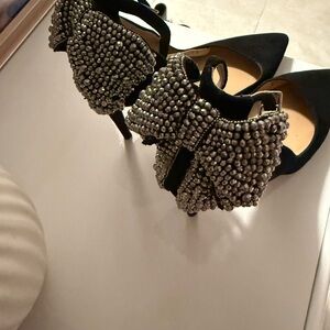 INC International Concepts Black Pointed Toe Embellished Ankle Strap Heels